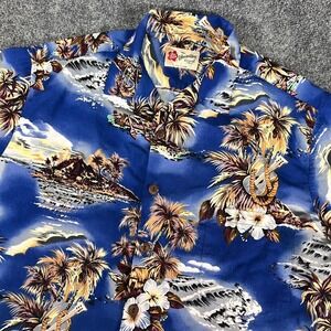 Hilo Hattie Hawaiian Original Scenic Aloha SS Shirt Men's M Blue Made in Hawaii